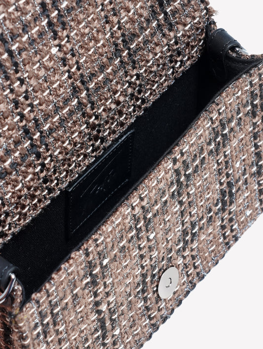 BORSA A SPALLA IN TWEED TRICOLORE CON FIBBIA STRASS ANZALEA - Taupe nero e bianco | Roberto Festa