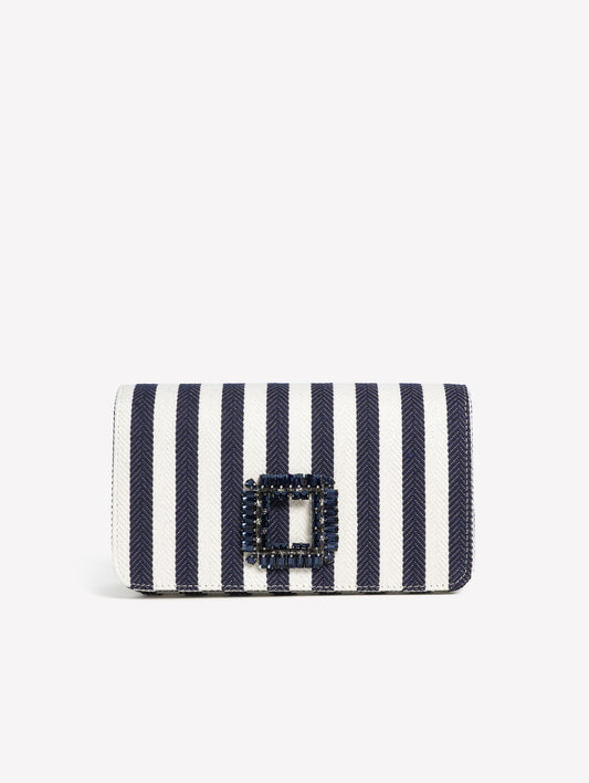 BORSA A SPALLA IN TESSUTO RIGATO BIANCO E BLU NAVY CON FIBBIA STRASS QUADRATA ANZALEA - Blu | Roberto Festa