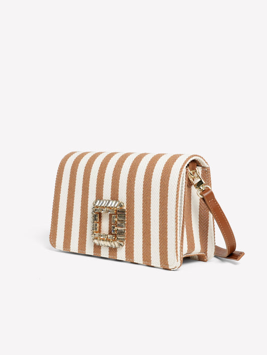 BORSA A SPALLA IN TESSUTO RIGATO BIANCO E SAND CON FIBBIA STRASS QUADRATA ANZALEA - bianco_beige | Roberto Festa