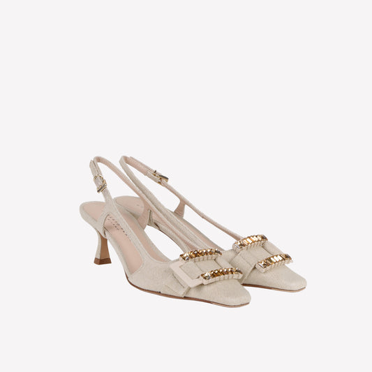 SLINGBACK IN CORDA JEANS WITH STRASS ACCESSORY TONE ON TONE ATENA - Ceremonial Shoes | Roberto Festa