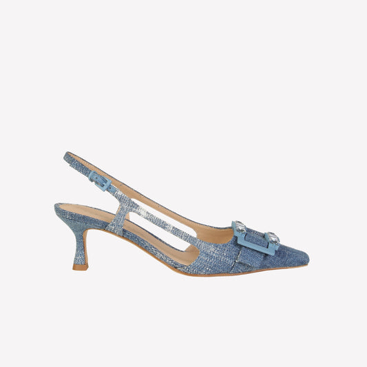SLINGBACK IN JEANS VINTAGE WITH ACCESSORY TONE ON TONE ATENA - Feed Spring Summer 2024 | Roberto Festa