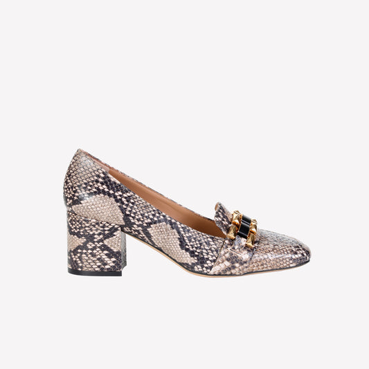 AVELINE LOAFER IN PRINTED TAUPE CALFSKIN WITH GOLD CHAIN - Women&#39;s Shoes: Elegant Footwear | Official Site