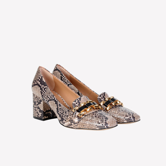 AVELINE LOAFER IN PRINTED TAUPE CALFSKIN WITH GOLD CHAIN - Women&#39;s Shoes: Elegant Footwear | Official Site