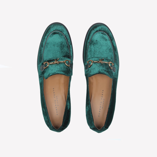 MOCASSINO IN VELLUTO GREEN CON ACCESSORIO MORSETTO ORO AXEL - Verde | Roberto Festa