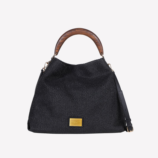 black rafia shoulder bag with wooden handle bianca - Black | Roberto Festa