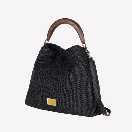 black rafia shoulder bag with wooden handle bianca - Black | Roberto Festa