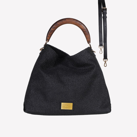 black rafia shoulder bag with wooden handle bianca - Black | Roberto Festa