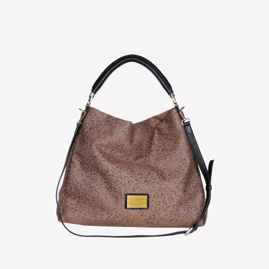 LEOPARD DENIM TOTE BAG WITH BLACK LEATHER HANDLES AND SHOULDER STRAP BIANCA - Mix & Match | Roberto Festa