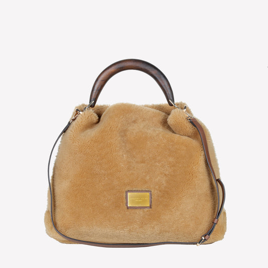 BORSA A SPALLA IN MONTONE COLOR TEDDY CON MANICO IN LEGNO NOCE BIANCA - Marrone | Roberto Festa