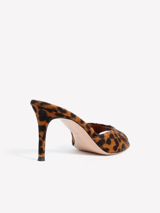 LEOPARD PRINT PONYSKIN MULE WITH MEDIUM HEEL BOA - Brown | Roberto Festa