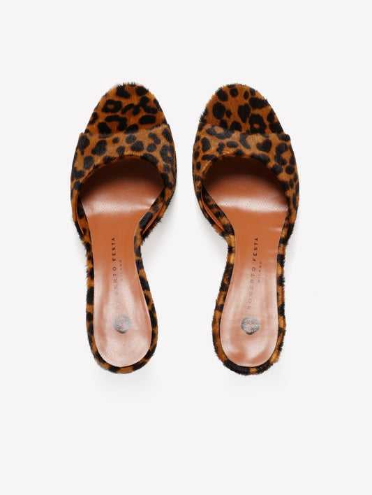 LEOPARD PRINT PONYSKIN MULE WITH MEDIUM HEEL BOA - Brown | Roberto Festa