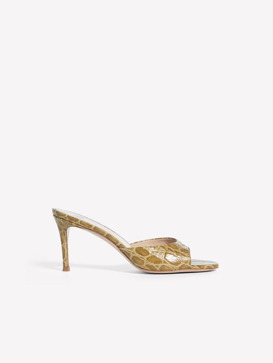 LEATHER MULE WITH MILITARY-STYLE CROCODILE PRINT AND MEDIUM HEEL BOA - Sandals | Roberto Festa