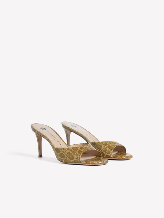 LEATHER MULE WITH MILITARY-STYLE CROCODILE PRINT AND MEDIUM HEEL BOA - Sandals | Roberto Festa