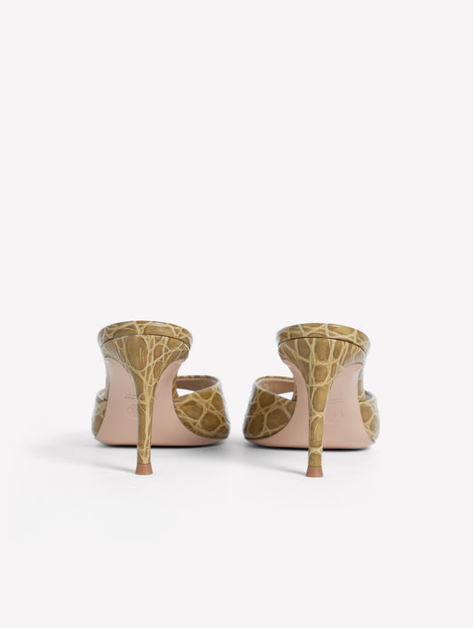 LEATHER MULE WITH MILITARY-STYLE CROCODILE PRINT AND MEDIUM HEEL BOA - Verde | Roberto Festa