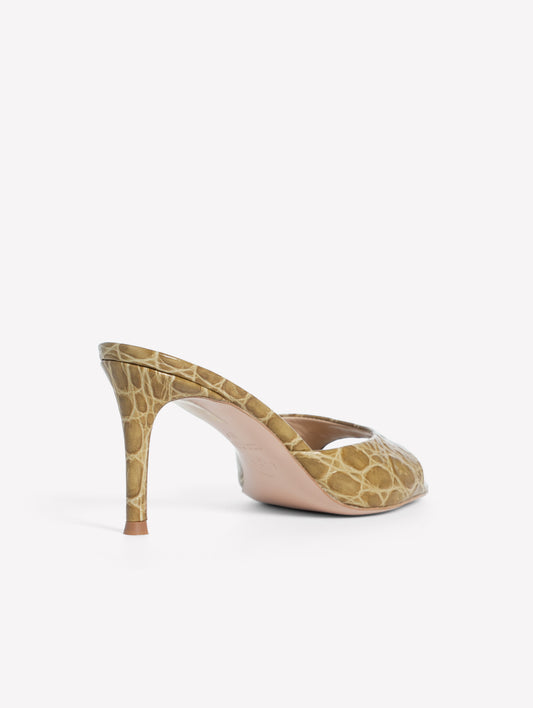 LEATHER MULE WITH MILITARY-STYLE CROCODILE PRINT AND MEDIUM HEEL BOA - Verde | Roberto Festa