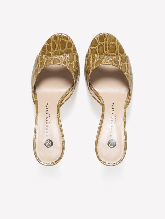 LEATHER MULE WITH MILITARY-STYLE CROCODILE PRINT AND MEDIUM HEEL BOA - Verde | Roberto Festa