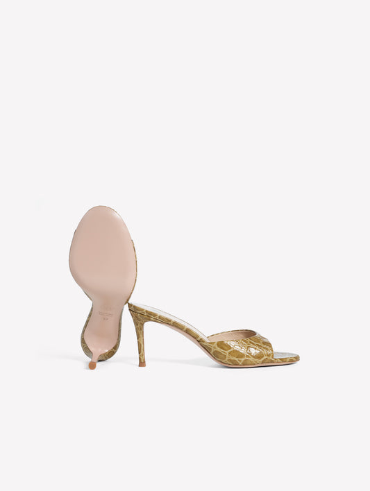 LEATHER MULE WITH MILITARY-STYLE CROCODILE PRINT AND MEDIUM HEEL BOA - Verde | Roberto Festa