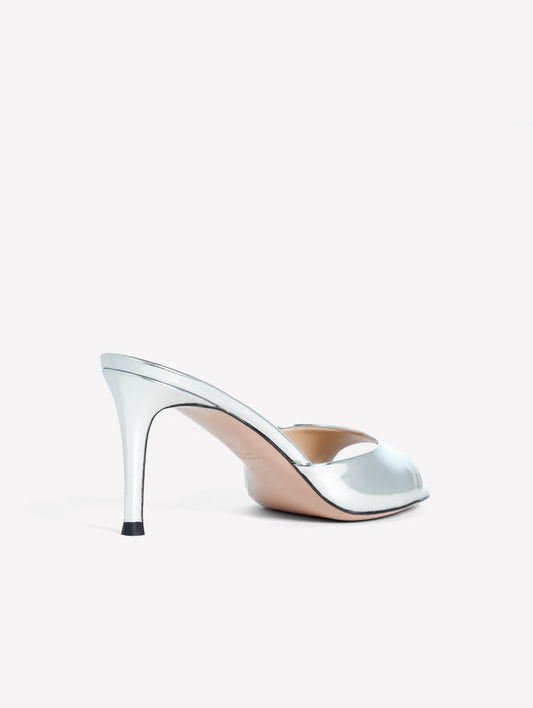 SILVER MIRRORED PATENT LEATHER MULE WITH MEDIUM HEEL BOA - Argento | Roberto Festa