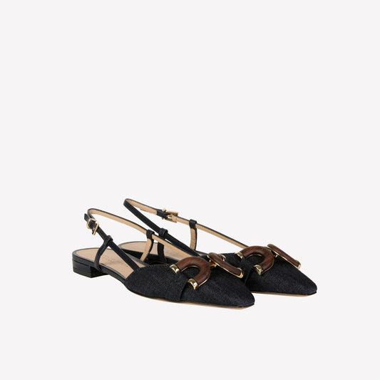 SLINGBACK FLAT IN DENIM JEANS WITH WOOD ACCESSORY CALLY -  New arrivals | Roberto Festa