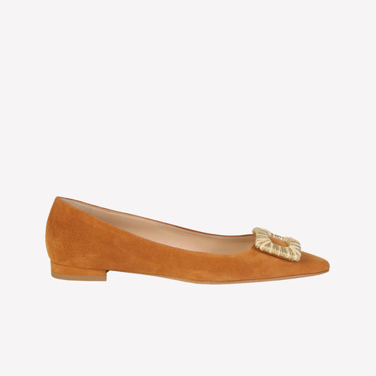 BALLERINA FLAT IN BAMBU SUEDE WITH RAFFIA COVERED ACCESSORY CANARY - Shoes | Roberto Festa