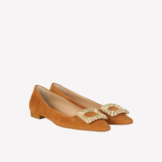 BALLERINA FLAT IN BAMBU SUEDE WITH RAFFIA COVERED ACCESSORY CANARY - Shoes | Roberto Festa
