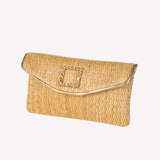Golden rafia fabric handbag with crystal accessory caprilux - Women&#39;s Shoes: Elegant Footwear | Official Site