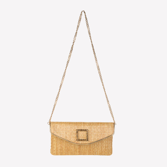 Golden rafia fabric handbag with crystal accessory caprilux - Beige | Roberto Festa