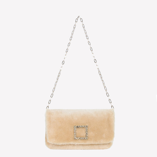 BORSA CLUTCH IN MONTONE EFFETTO VISONE MIELE CON FIBBIA QUADRA COLOR GOLD CON CRISTALLI CAPRILUX - Miele | Roberto Festa