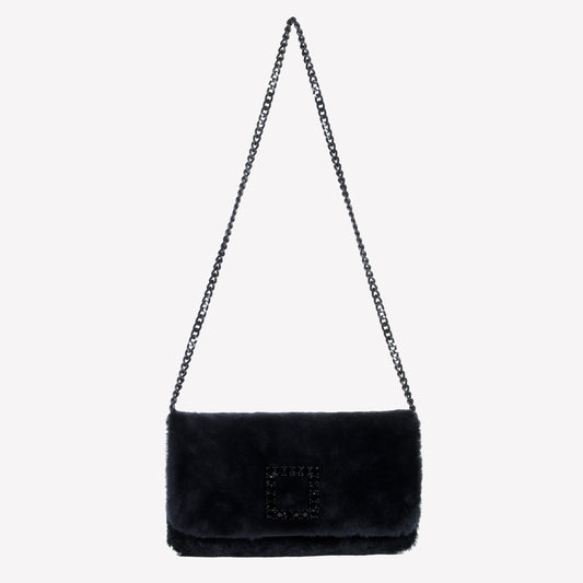 BORSA CLUTCH IN MONTONE EFFETTO VISONE NERO CON FIBBIA QUADRA COLOR SILVER CON CRISTALLI BLACK DIAMOND CAPRILUX - Nero | Roberto Festa