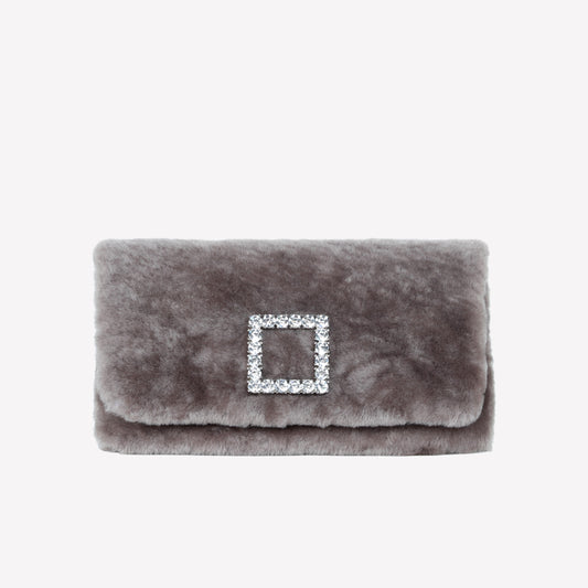 BORSA CLUTCH IN MONTONE EFFETTO VISONE NUTRIA CON FIBBIA QUADRA COLOR SILVER CON CRISTALLI CAPRILUX - Grigio | Roberto Festa