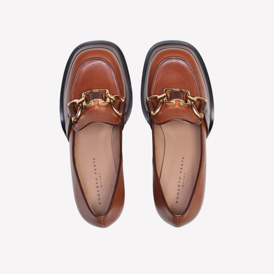 CASSIE PLATFORM LOAFER IN COGNAC BROWN CALFSKIN - Marrone | Roberto Festa