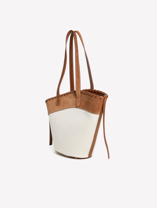 ROPE-COLORED CANVAS BAG WITH ASYMMETRICAL LEATHER SUEDE EDGING CINDY - Beige | Roberto Festa