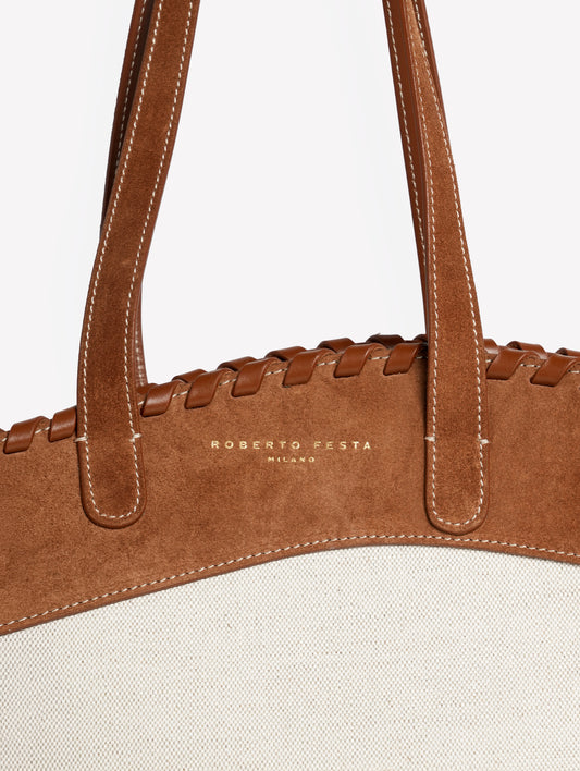 ROPE-COLORED CANVAS BAG WITH ASYMMETRICAL LEATHER SUEDE EDGING CINDY - Beige | Roberto Festa