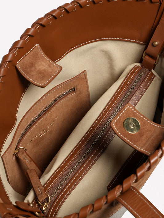 ROPE-COLORED CANVAS BAG WITH ASYMMETRICAL LEATHER SUEDE EDGING CINDY - Beige | Roberto Festa