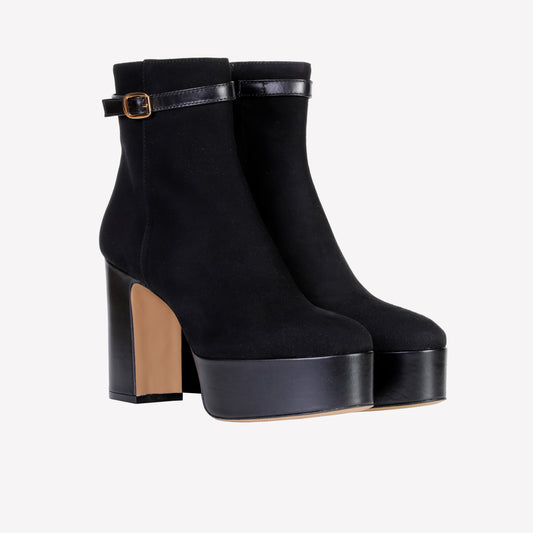 CLAUDIA ANKLE BOOT IN BLACK SUEDE WITH COATED HEEL AND PLATFORM - Nero | Roberto Festa