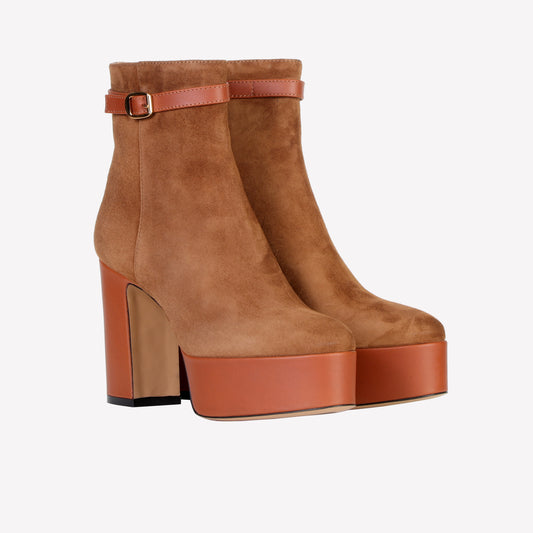 CLAUDIA ANKLE BOOT IN BROWN CIGAR SUEDE WITH COATED HEEL AND PLATFORM - Brown | Roberto Festa