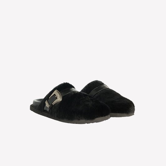 SABOT IN CAVALLINO PELO LUNGO NERO CON FIBBIA ARGENTO CLIDIA - Scarpe Donna: Calzature eleganti