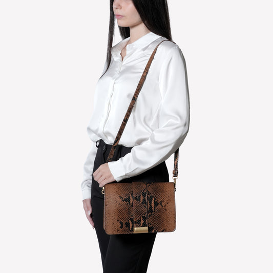BORSA A SPALLA IN PELLE DI AGNELLO CON STAMPA PITONE CLIZIA - Marrone | Roberto Festa