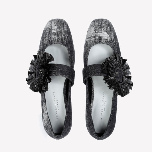 BALLERINA IN JEANS NERO CON FIBBIA IN RAFFIA CRISSY - Nero | Roberto Festa