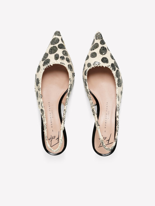 LASER-CUT LEATHER SLINGBACK WITH BLACK AND WHITE POLKA DOT PRINT AND LOW HEEL DALILA - White and black | Roberto Festa