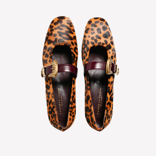 LEOPARD PRINT PONY SKIN BALLERINA WITH BURGUNDY DOUBLE STRAP DALMA - Leopardato | Roberto Festa
