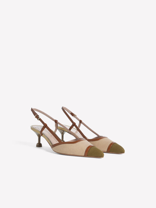 SLINGBACK IN TESSUTO CANVAS A DUE COLORAZIONI CON TACCO BASSO STAMPA EFFETTO LEGNO DELFINA - Scarpe Donna: Calzature eleganti
