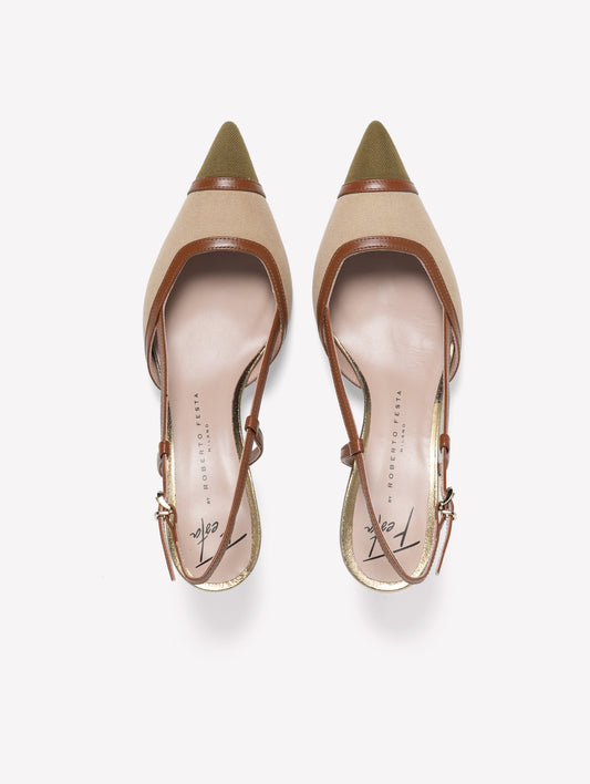 SLINGBACK IN TESSUTO CANVAS A DUE COLORAZIONI CON TACCO BASSO STAMPA EFFETTO LEGNO DELFINA - Beige | Roberto Festa