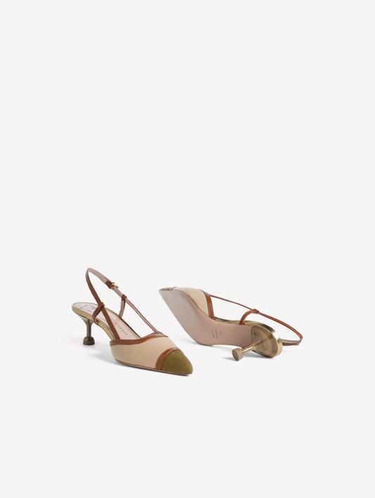 SLINGBACK IN TESSUTO CANVAS A DUE COLORAZIONI CON TACCO BASSO STAMPA EFFETTO LEGNO DELFINA - Beige | Roberto Festa