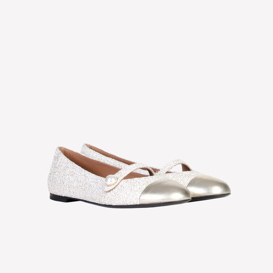 DIVY WHITE BOUCLÉ MARY JANE FLAT WITH LEATHER TOE - Loafers and Flat | Roberto Festa