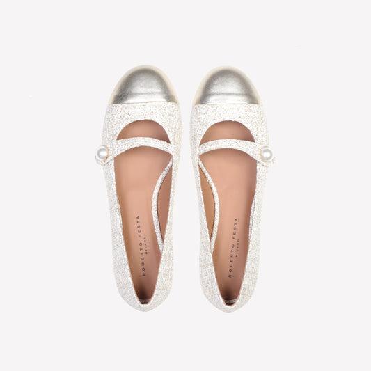 DIVY WHITE BOUCLÉ MARY JANE FLAT WITH LEATHER TOE - Bianco | Roberto Festa