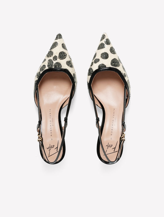 LASER-CUT LEATHER SLINGBACK WITH BLACK AND WHITE POLKA DOT PRINT DORA - White and black | Roberto Festa
