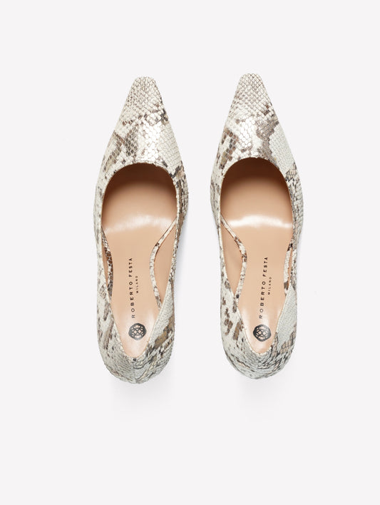 GREY PYTHON PRINT LEATHER PUMPS WITH GOLD DETAILS AND HIGH HEELS ELAIS - Grey and gold | Roberto Festa