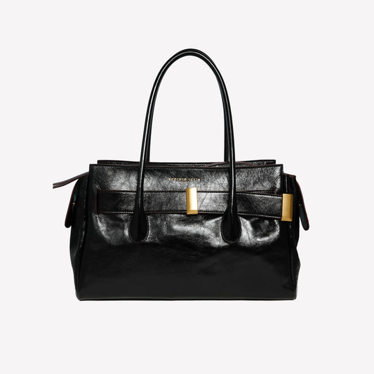 SHOULDER BAG IN BLACK POLISHED LAMBSKIN WITH GOLD ACCESSORY EMERALDA - Bags | Roberto Festa