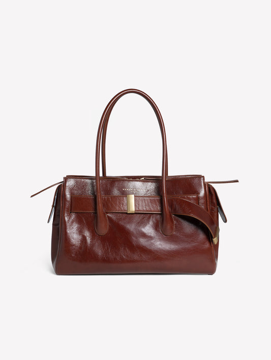 BORSA A SPALLA IN PELLE LUCIDA MARRONE CON CINTURA E ACCESSORI ORO EMERALDA - Marrone | Roberto Festa
